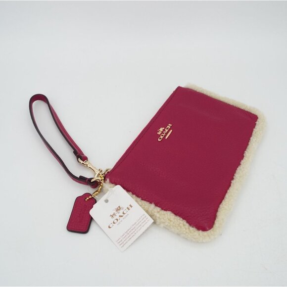 COACH Cranberry Pebbled Leather Natural Shearling Small Wristlet NWT - Picture 1 of 13